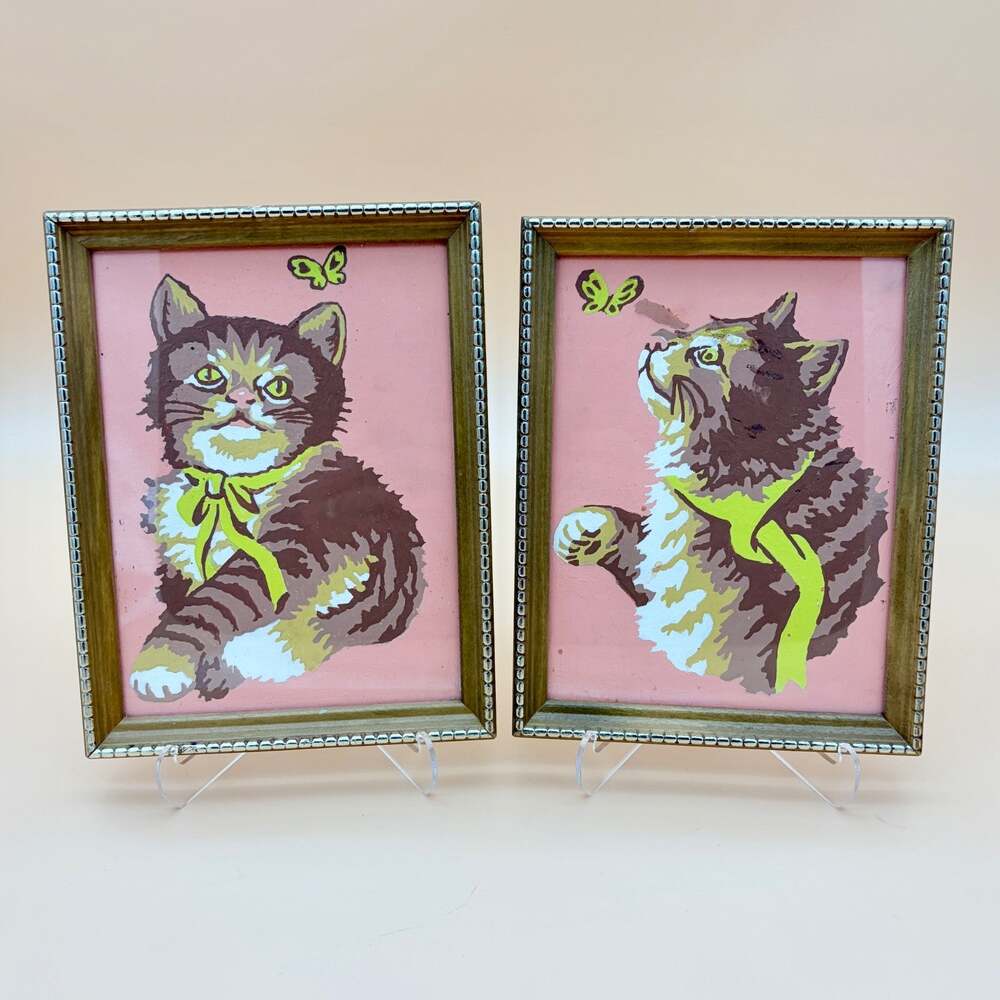 Vintage Paint by Number Kittens Pair Framed Cat Butterfly Pink 60s 70s Art 7x9